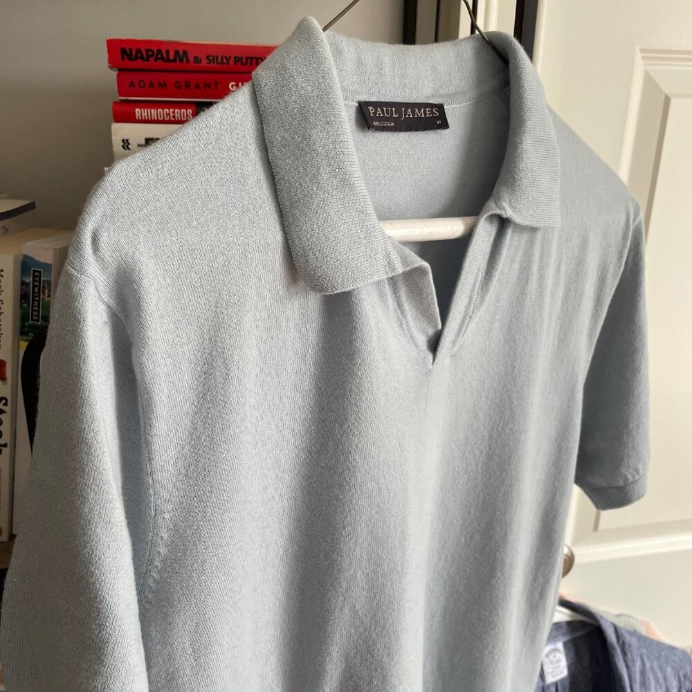 Paul James Mens 100% Ultra Fine Cotton Buttonless Polo - M - Chalk Blue